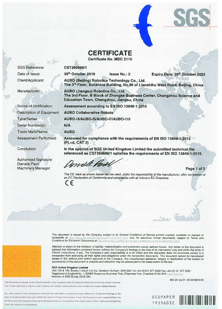 AUBO Robotics USA CE-735x1024 Safety Certifications  