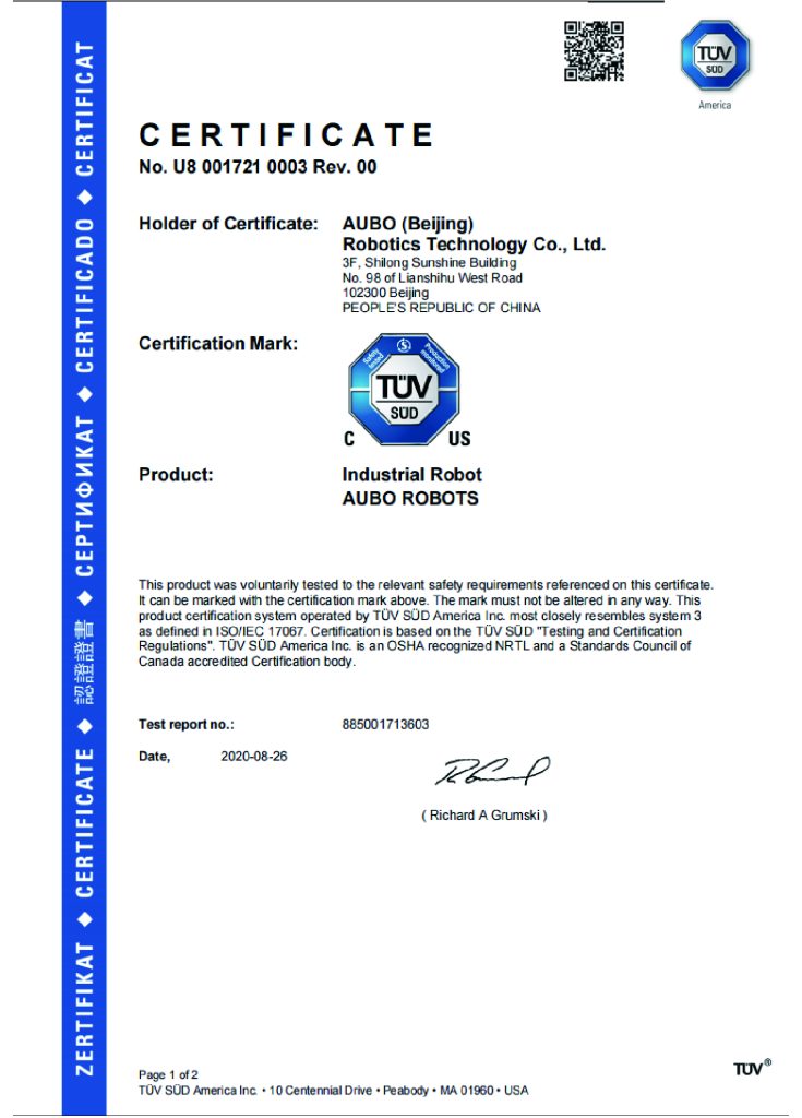 AUBO Robotics USA UL-735x1024 Safety Certifications  