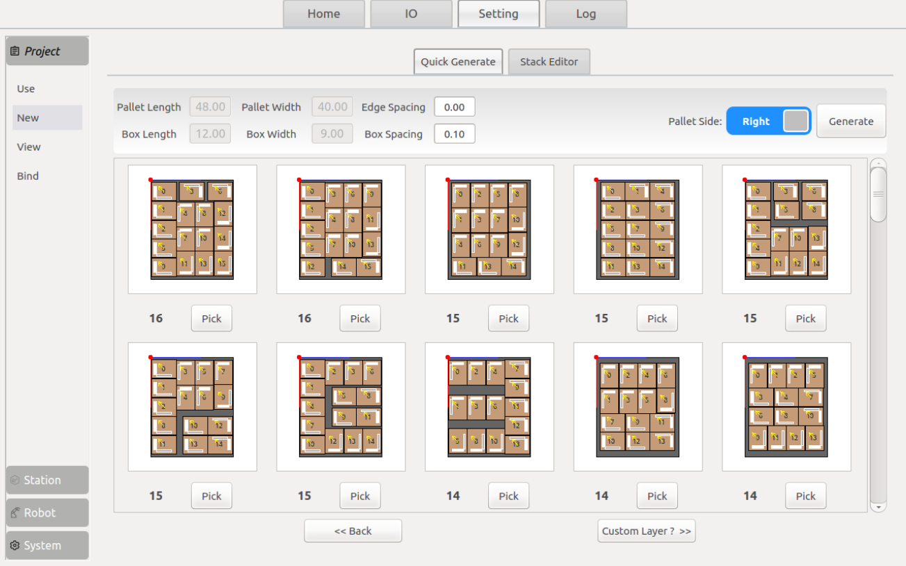 Robotic palletizer teach pendant interface configuring box dimensions and automatic pallet stack layer patterns